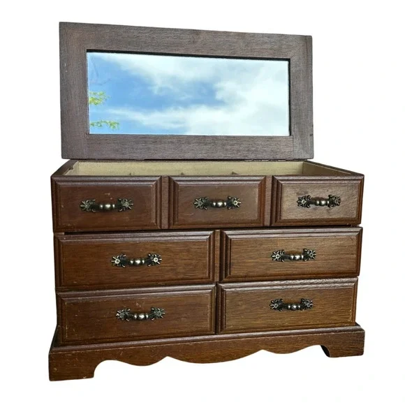 Vintage Wood Jewelry Box Armoire 5 Drawer Mirror Top Chest Dark Brown Finish