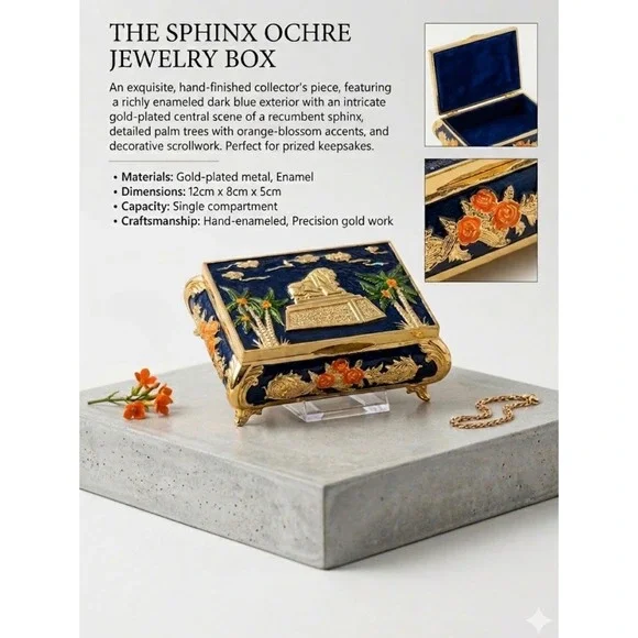 Lion of Babylon Iraq Sphinx Ochre Jewelry Box Enameled Gold Plated Trinket Case