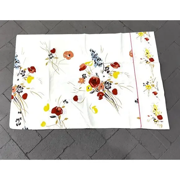 Vintage Oleg Cassini Floral Pillowcase Ivory Red Yellow Designer Bedding Single