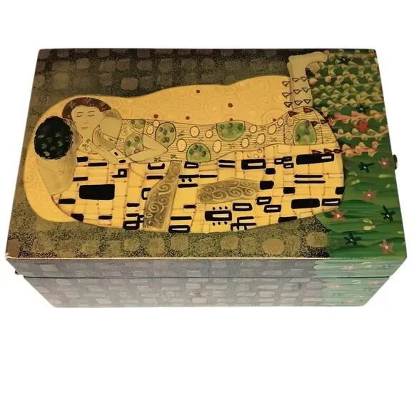 Vintage Lacquer Jewelry Box Gustav Klimt The Kiss Blue Interior 6