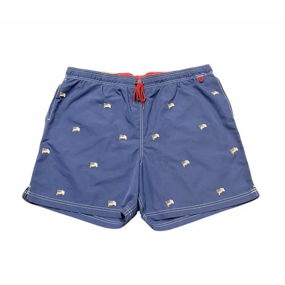 Lands End Swim Trunks Mens XXL Blue Embroidered Patriotic American Flags Lined