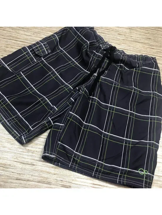 1247 OP Ocean Pacific Board Shorts Men's Mesh Lined Swim Trunks BLACK PLAID sz L