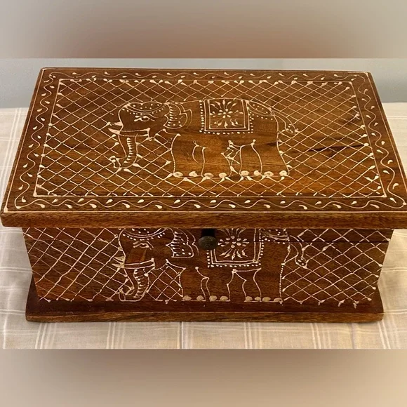 Handcrafted Wooden Jewelry Box | Brass Inlay Elephant Design | Artisan Quality