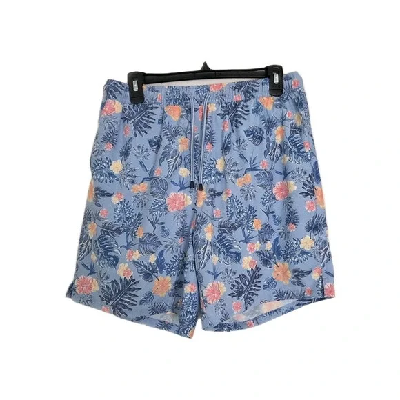 Peter Millar Mens Tropical/ Floral Print Blue Swim Trunks Elastic Waist Size LG