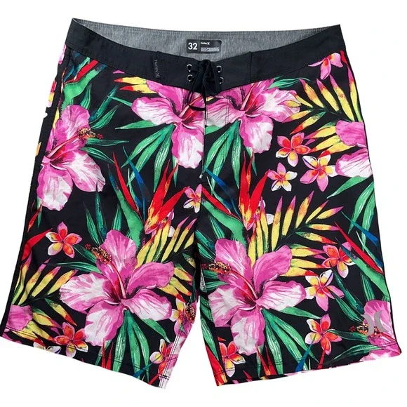 Hurley Phantom Board Shorts Mens 32‎ Black Pink Floral Tropical Hibiscus