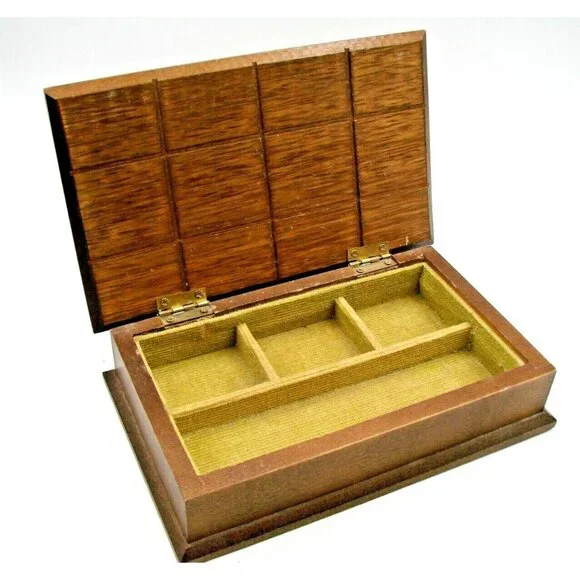 Vintage Carved Wooden Jewelry Box Green Felt Lined Hinged Lid Box Square Design