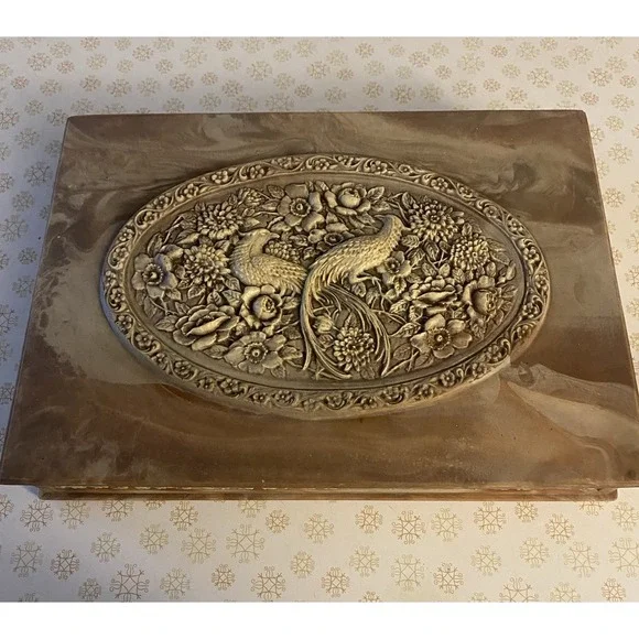 Vintage Soapstone Jewelry Box Book Style Peacock Carved Trinket Box Heavy