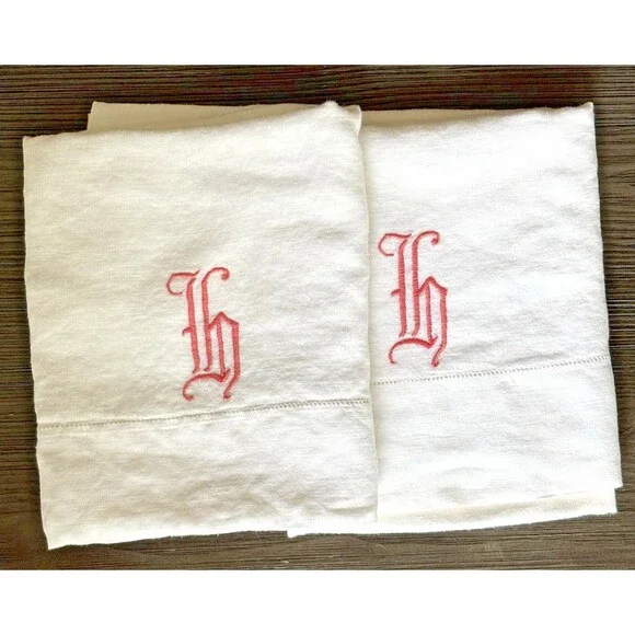 2 Linen Antique White Pillowcases Sham Pink Rose Embroidery Monogram “h