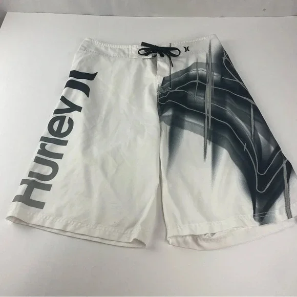 Hurley Bke Mens 30 White Black Gray Trunks Board Shorts Drawstring