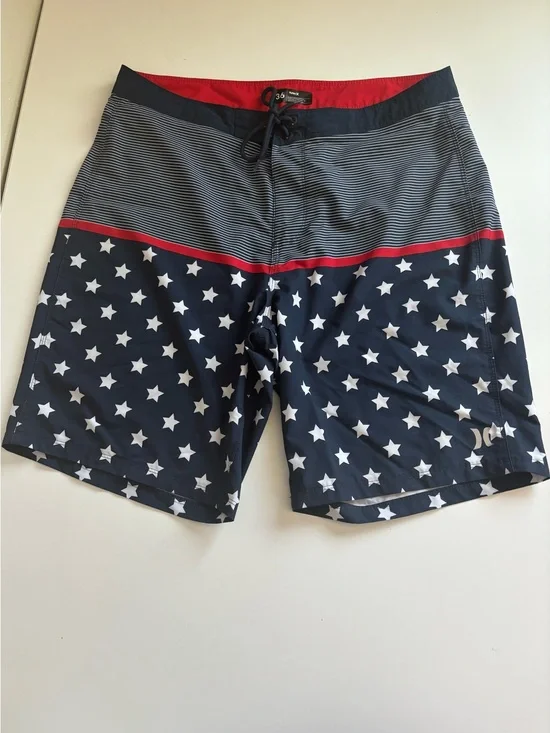 Hurley Stars & Stripes Board Shorts Red White & Blue 36 Americana Swim Trunks