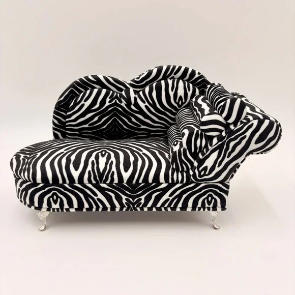 Zebra Print Miniature Chaise Lounge Jewelry Box with Mirror and Ring Slots