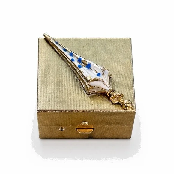 Vintage Brass Trinket Box w Enamel Umbrella Mini Pill Jewelry Case