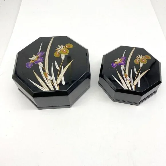 VTG Yamanaka Japan Lacquerware Nesting Boxes‎ Black Floral Trinket 2pc 70s *flaw