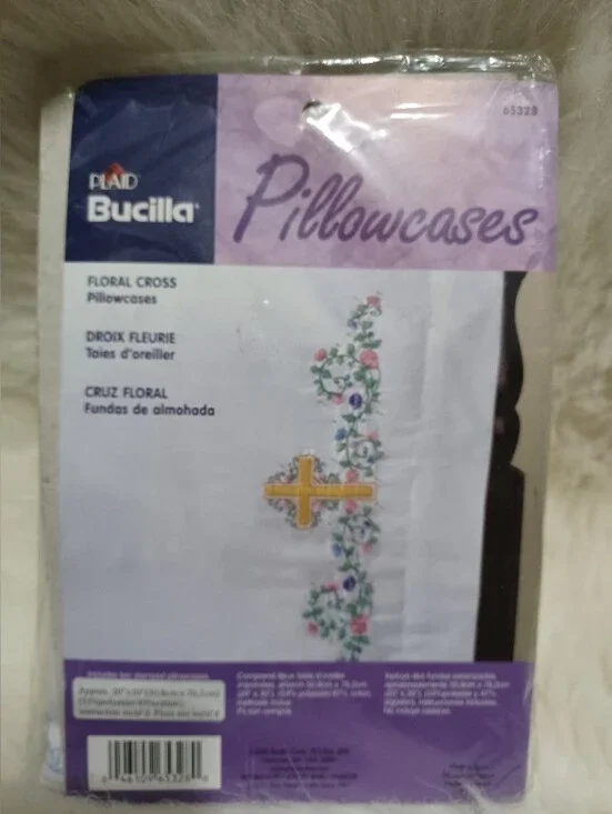 Bucilla Floral Cross Pillowcases in White with Gold Accent