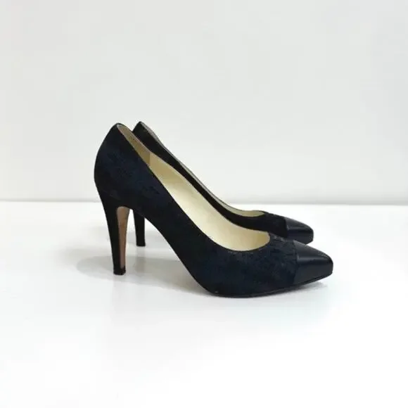 CHANEL Black Shimmer Suede CC Cap Toe Pumps 38.5 Leather Pointed Stiletto Shoes