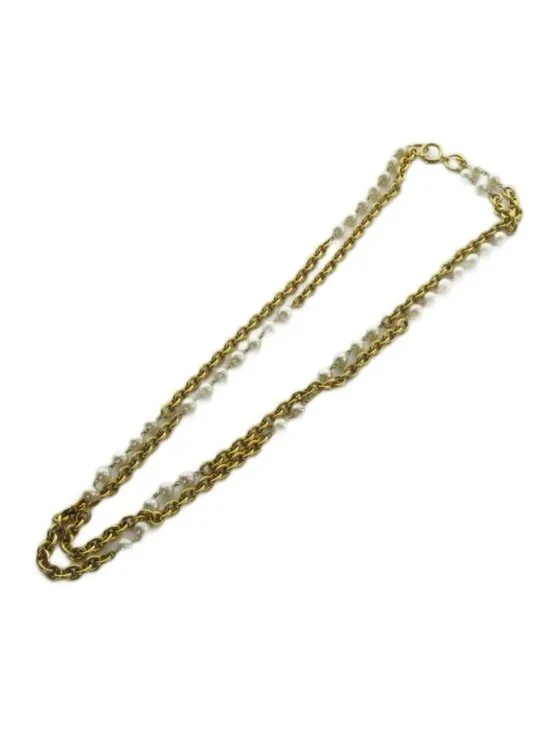 Chanel Necklace Logo Chain Faux Pearl Double Strand Gold
