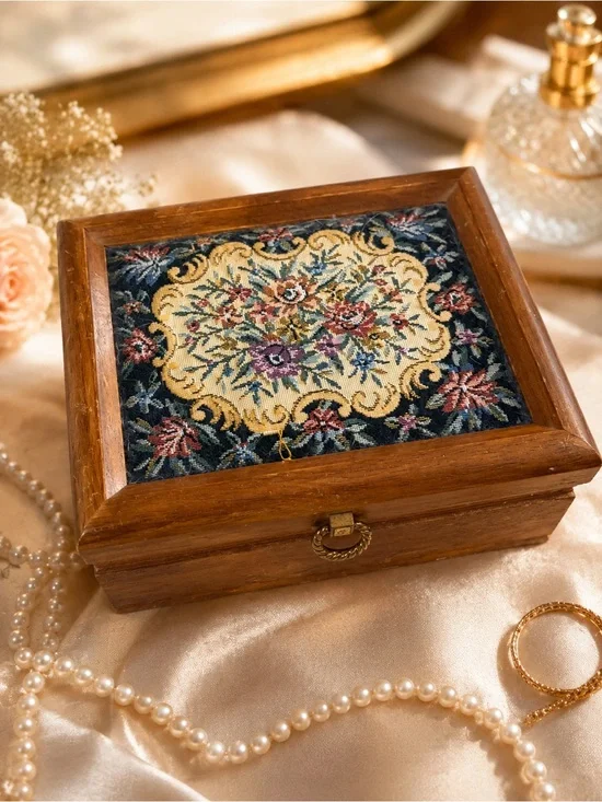 Wooden Jewelry Box Tapestry Lid Red Velvet Mirror Organizer Japan