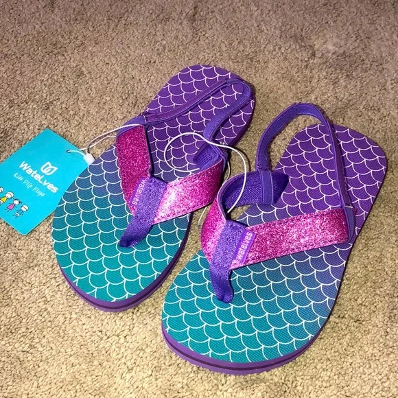 Warelves Flip Flops 32/33 little kids size 13 14 Fish Scale‎ Mermaid Purple NWT