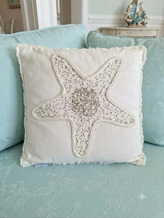 Coastal Collection Beaded Starfish Accent Pillow Beach Ocean Decor off-white 19