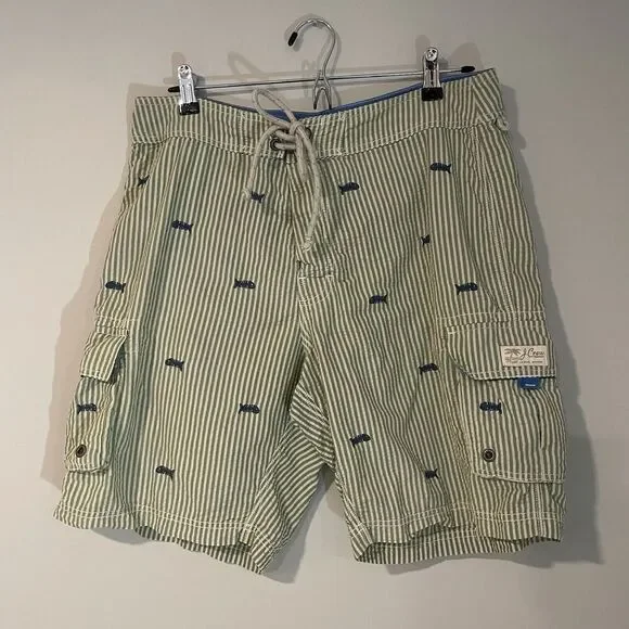 J Crew Swim Shorts Sz 32 Green Striped Seersucker Fish Embroidered Trunks
