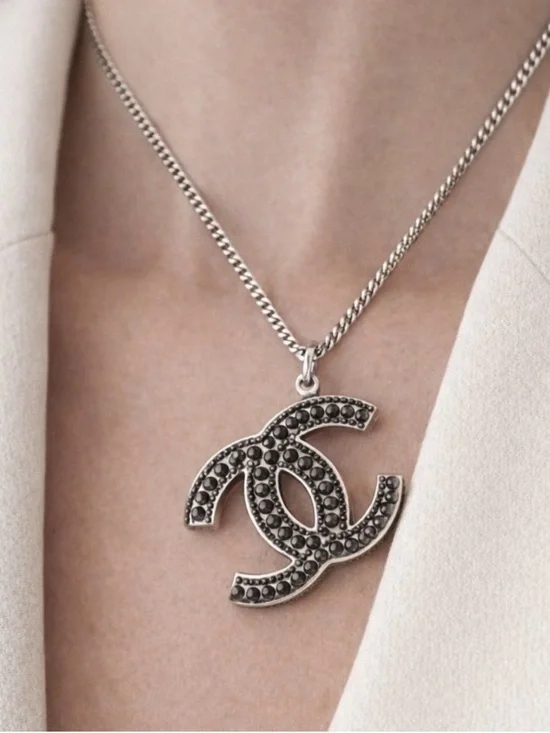 Chanel Silver and Black Rhinestone Pendant Necklace