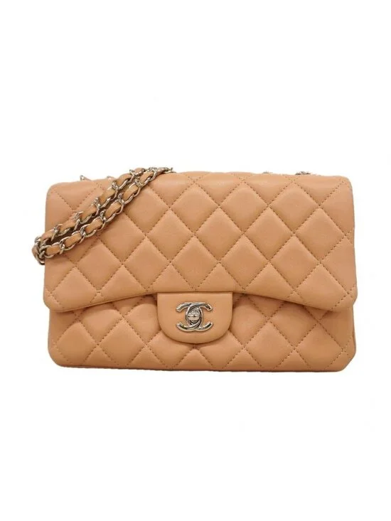 Chanel Shoulder Bag Quilted Lambskin Beige Silver