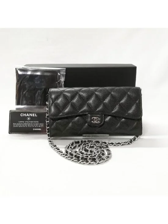Chanel Caviar Leather Quilted Wallet Black Silver