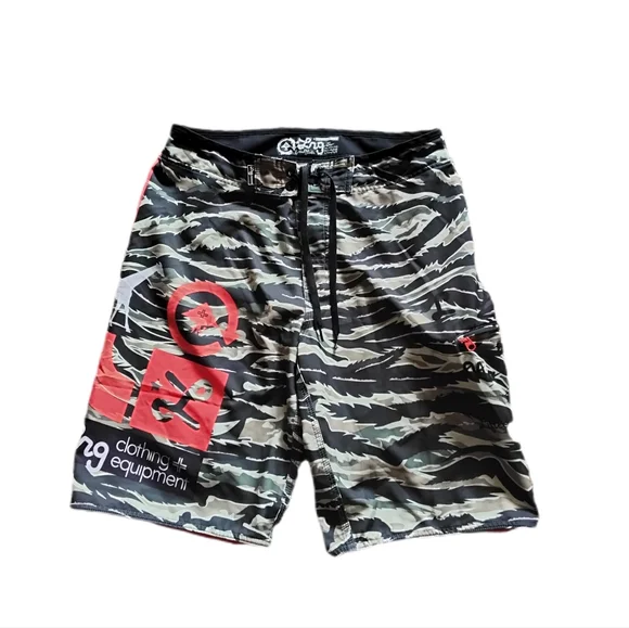 LRG Core Jungle Board Shorts Black Tiger Camo‎ Print Men's Swim Trunks Size 32