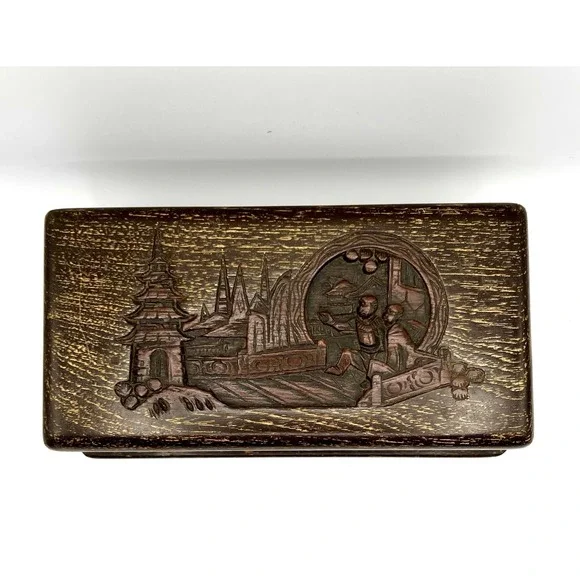 Antique George Zee Chest Jewelry‎ Box Hand Carved Wood Chinese Scene
