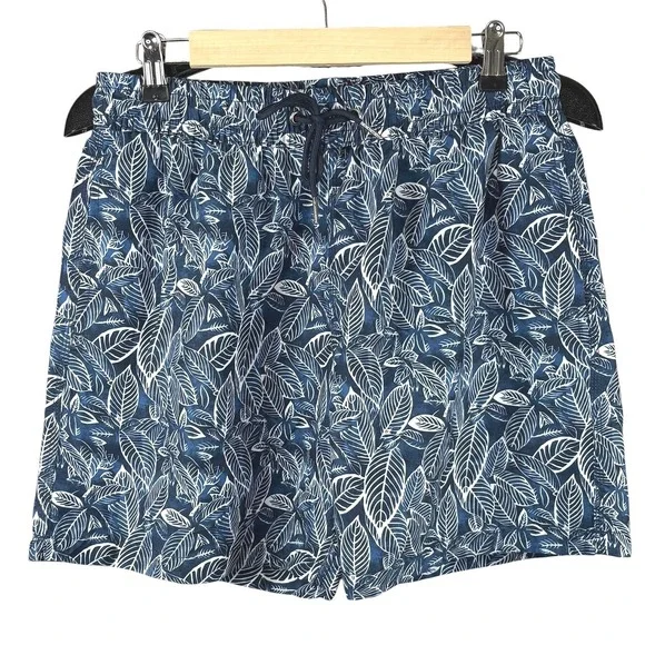 Slate & Stone Mens Navy Blue White Leaf Print Swim Trunks Size M Drawstring Mesh