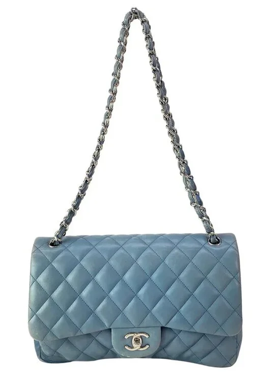 CHANEL Large Matelasse Blue Lambskin Shoulder Bag