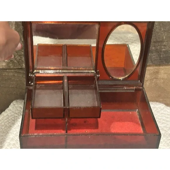 Vintage Tortoise Shell Lucite Jewelry Box Cosmetic Case made Hong Kong