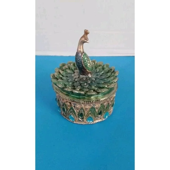 Vintage Style‎ Peacock Trinket Box Green Gold Filigree Rhinestone Jewelry Case
