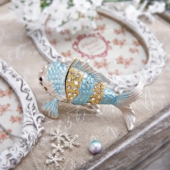 🆕 H&D HYALINE & DORA Hinged Enamel Hand Painted Fish Trinket Box - Ring Earrings