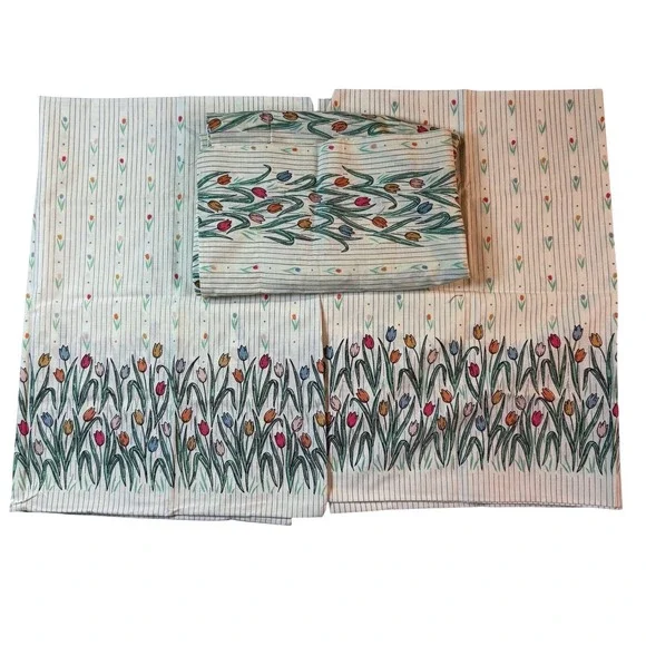 Vintage Mid Century Tulip Floral 3 Pc Pillowcase + Sham Set Cottagecore Grandma