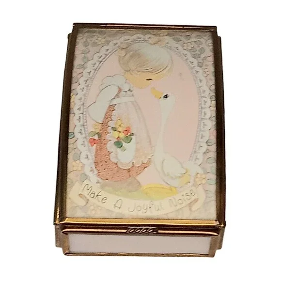 VTG Brass & Pink Slag Glass Trinket Box Cute Girl & Duck Make A Joyful Noise