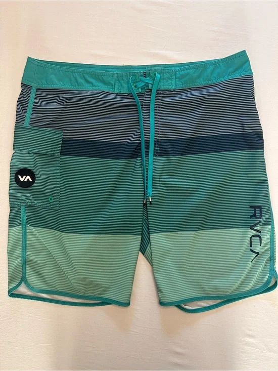 RVCA Men’s Teal & Navy Gradient Stripe Swim Board Shorts