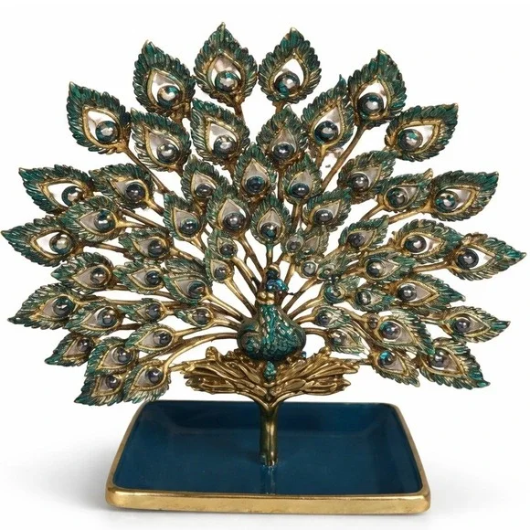 Peacock‎ Jewelry Holder Trinket Dish Teal Gold Metal Decorative Vanity Display