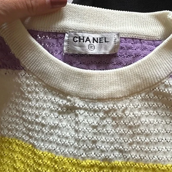 CHANEL Yellow and Purple Crew Neck Sweater