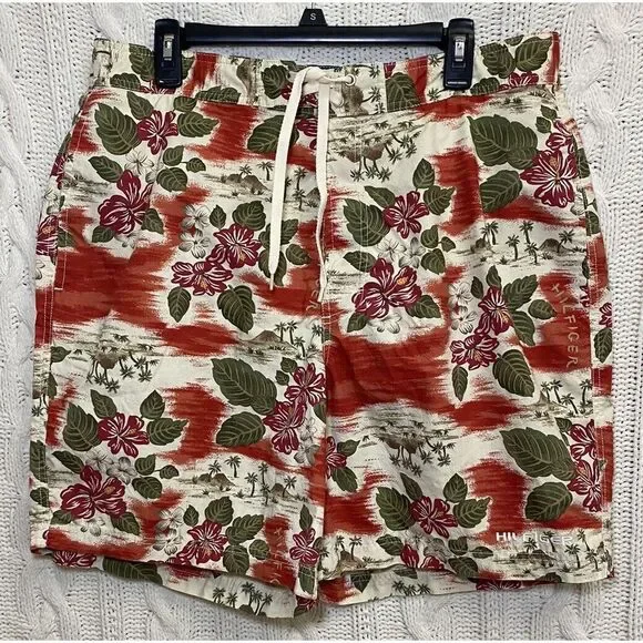 Tommy HilfigerHawaiian Floral Swim Trunks Beach Shorts Palm Trees Red White S‎