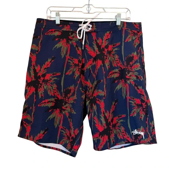 Stussy‎ Wild Palm Trunk Board Shorts Men 33 Med Navy Blue Red Swim Trunks NWOT