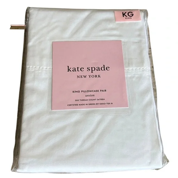 Kate Spade Weston set of 2 Cotton Sateen king size Pillowcase Pair White New