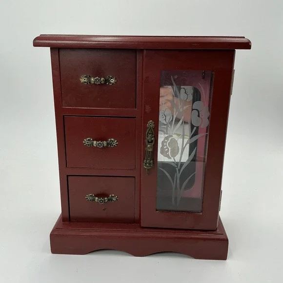 Vintage Wood Jewelry Armoire Burgundy Red 3 Drawer Floral Etched Glass Mirror