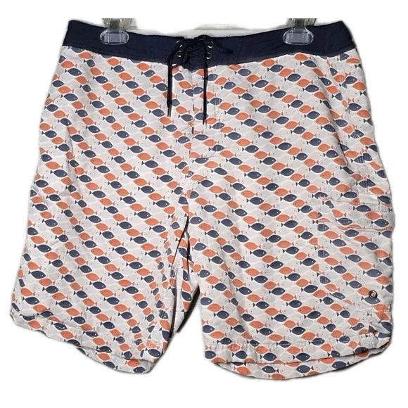 J Crew Nylon Swim Trunks Men 32 Geometric Allover Fish Pattern Multicolor Mesh