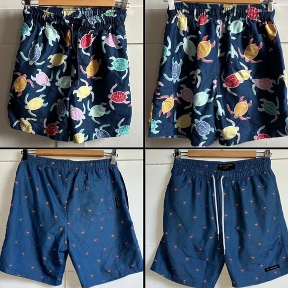 Tropical Sea Turtle Flamingo Print Swim Board Shorts Swimsuit Trunks Small S