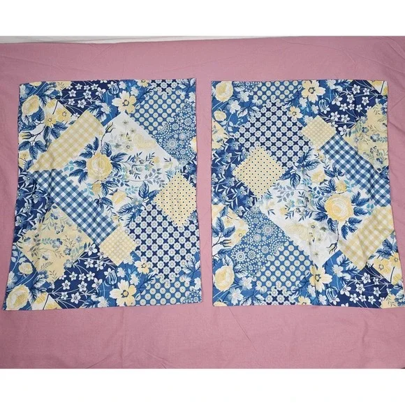 VTG Gold Coast Blue Yellow Floral Gingham Polyester Pillow Cover Set 2 Farmhouse