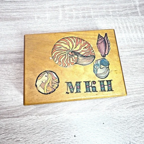 Vintage Wood Jewelry Box Nautilus Shell Hinged Trinket Coastal Sea Life Décor