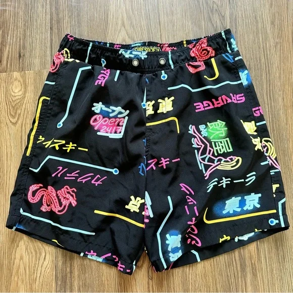 Surf Society Mens Swim Shorts Trunk Small Neon Japanese Bar Party Beach Lined 7”