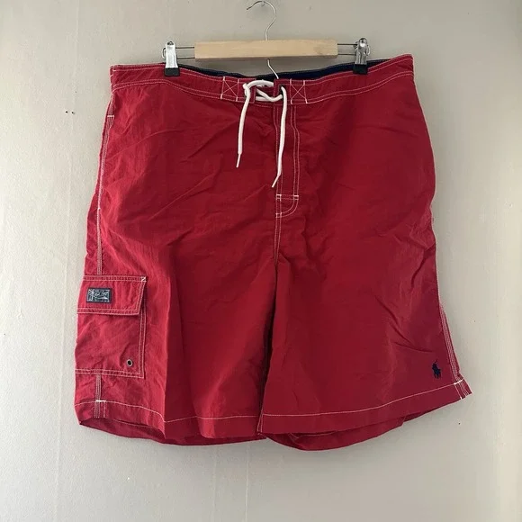 VTG Polo Ralph Lauren Mens Cargo Swim Trunks Size XXL Red Board Short Preppy Y2K