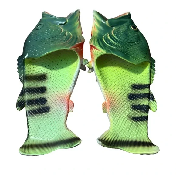Coddies Fish Flip Flops Slides Green Bass Fish Shoes Novelty Sandals‎ Size 38/39